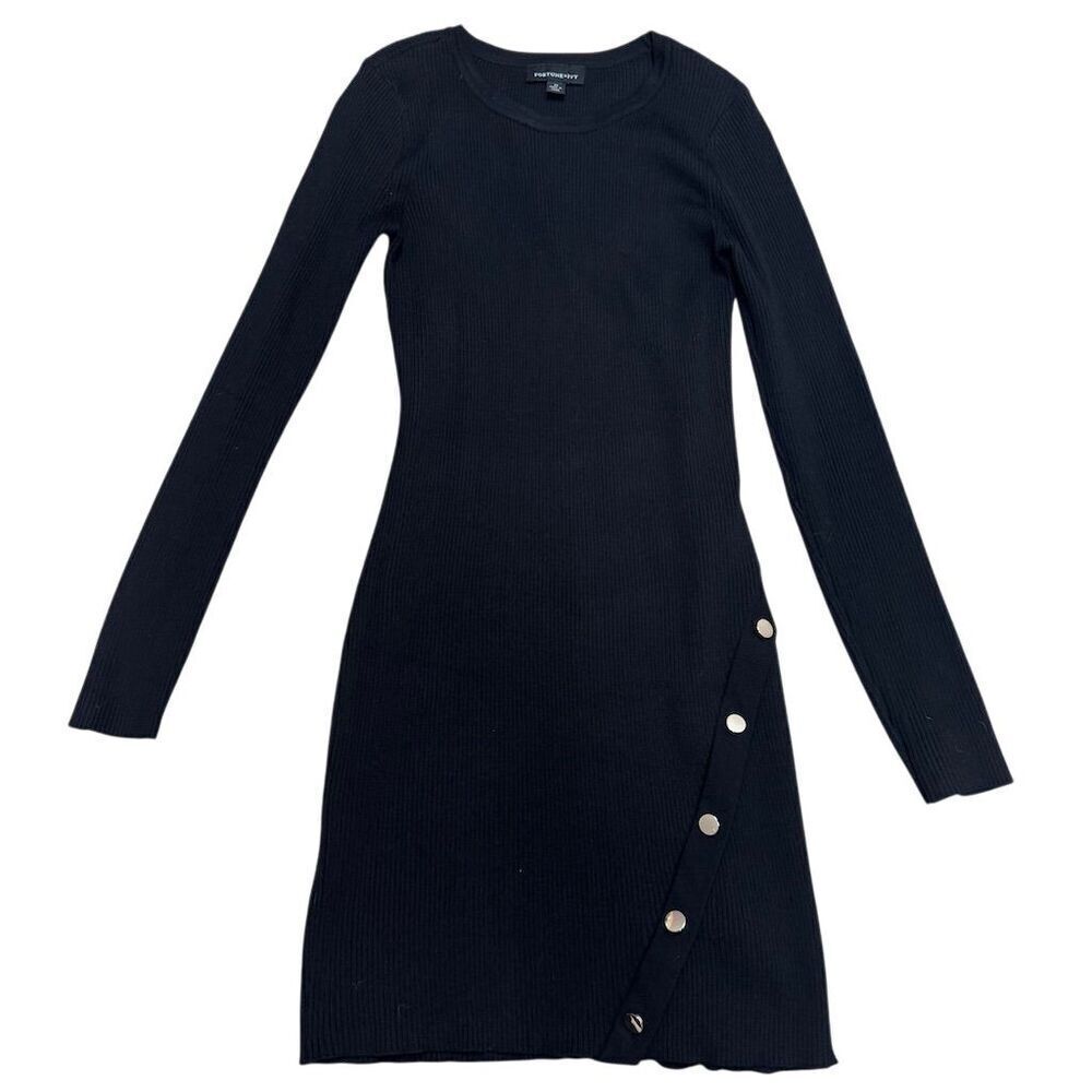 EUC Fortune + Ivy Women's Black Knit Dress M Button Detail Knee Length